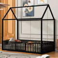 Metal Montessori Bed with Door and Fence Rails, House Floor Bed Frame for Kids and Toddlers