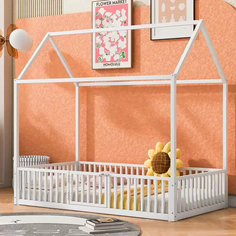 Lit Montessori en Métal avec Porte et Barrières, Cadre de Lit de Sol en Forme de Maison pour Enfants et Tout-Petits
