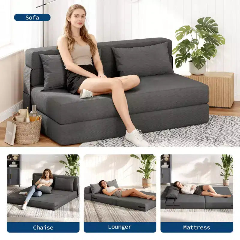 Canapé-lit pliant convertible 80, canapé-lit de sol paresseux portable, futon convertible avec oreiller, tissu de lin moderne, pour salon (grand)
