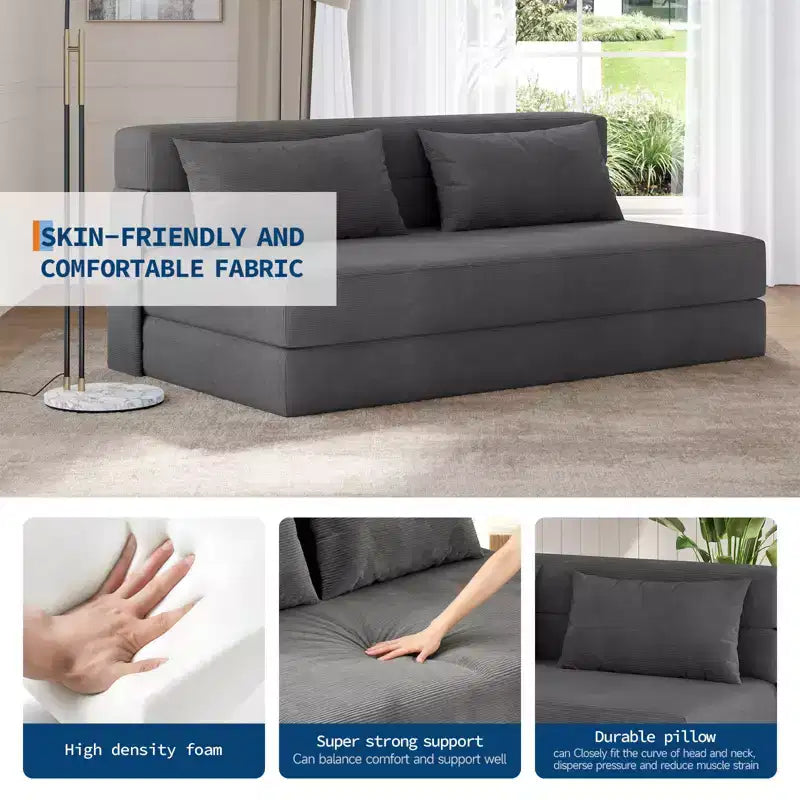 Canapé-lit pliant convertible 80, canapé-lit de sol paresseux portable, futon convertible avec oreiller, tissu de lin moderne, pour salon (grand)