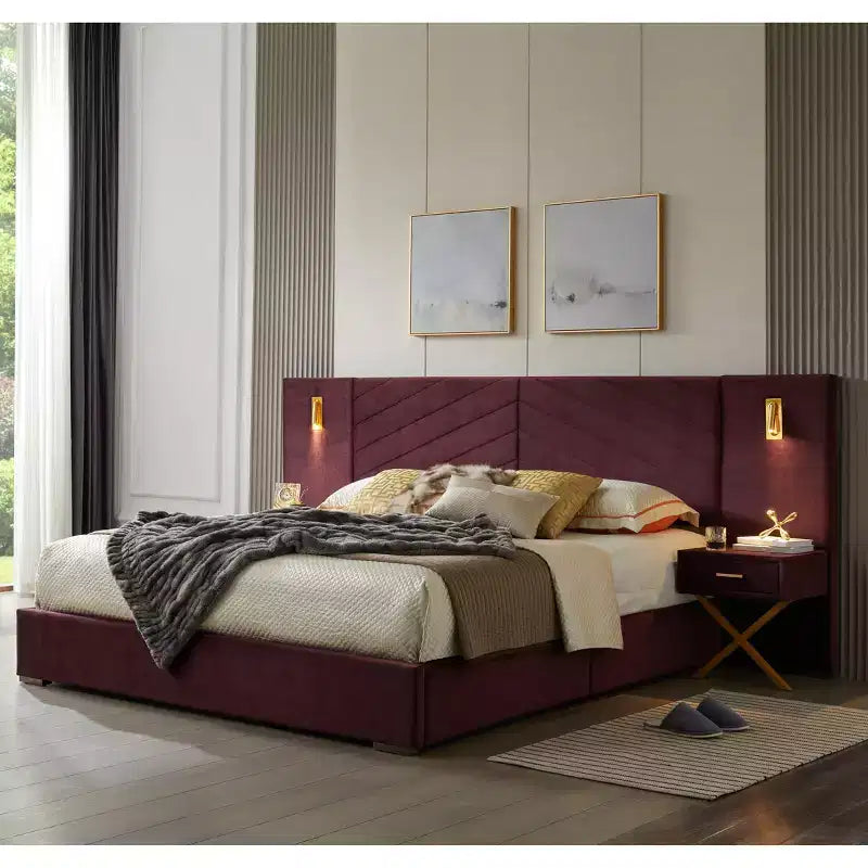 GDFStudio Noxon - Cadre de lit moderne en velours avec tête de lit capitonnée, lumières LED et 2 tables de chevet flottantes