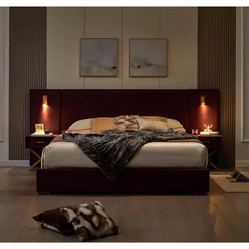 GDFStudio Noxon - Cadre de lit moderne en velours avec tête de lit capitonnée, lumières LED et 2 tables de chevet flottantes