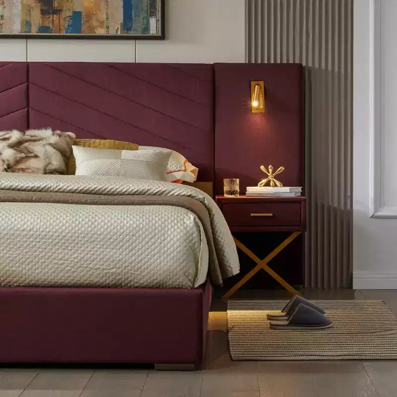 GDFStudio Noxon - Cadre de lit moderne en velours avec tête de lit capitonnée, lumières LED et 2 tables de chevet flottantes