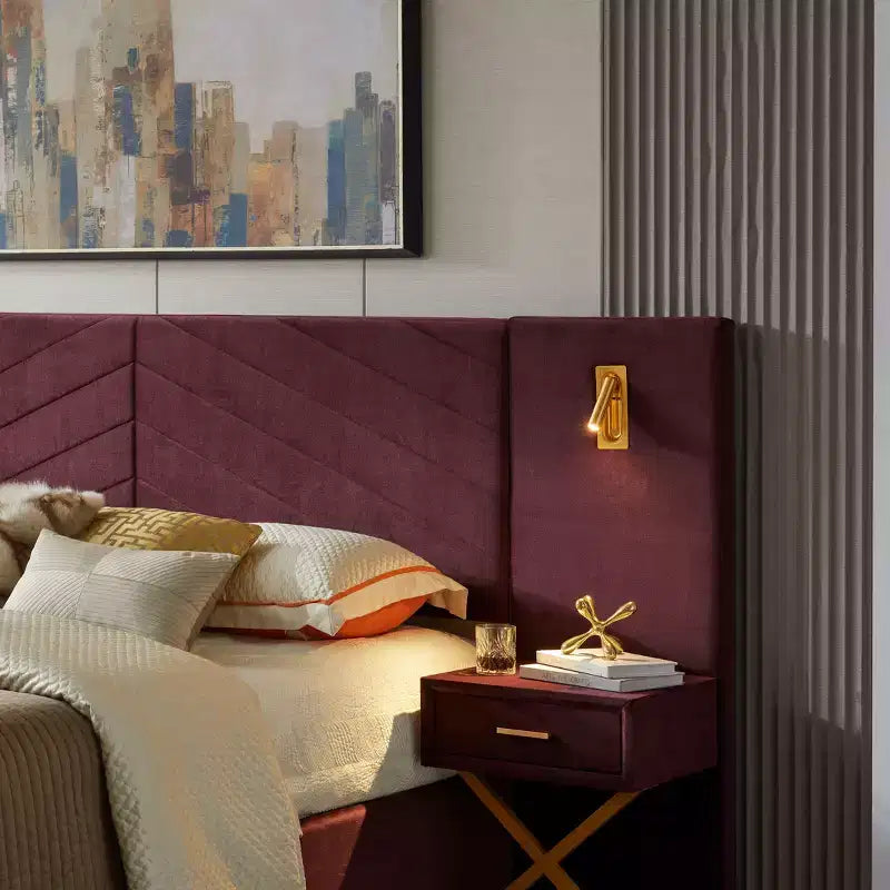 GDFStudio Noxon - Cadre de lit moderne en velours avec tête de lit capitonnée, lumières LED et 2 tables de chevet flottantes