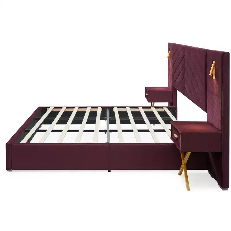 GDFStudio Noxon - Cadre de lit moderne en velours avec tête de lit capitonnée, lumières LED et 2 tables de chevet flottantes