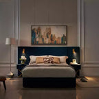 GDFStudio Noxon - Cadre de lit moderne en velours avec tête de lit capitonnée, lumières LED et 2 tables de chevet flottantes