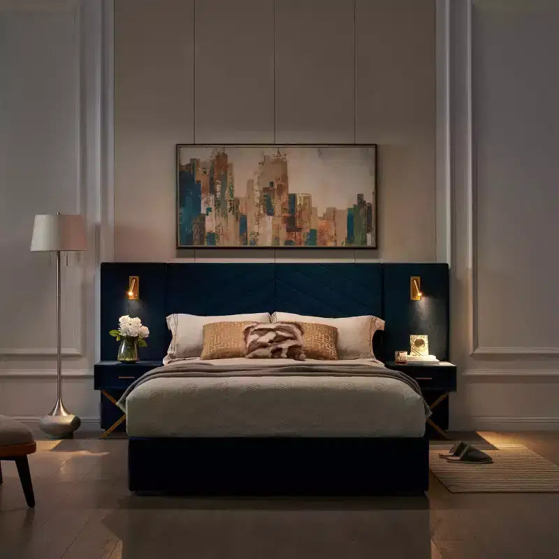 GDFStudio Noxon - Cadre de lit moderne en velours avec tête de lit capitonnée, lumières LED et 2 tables de chevet flottantes