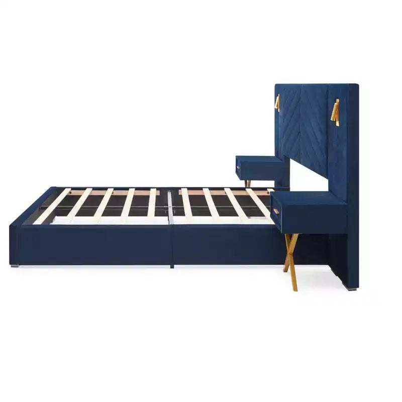 GDFStudio Noxon - Cadre de lit moderne en velours avec tête de lit capitonnée, lumières LED et 2 tables de chevet flottantes