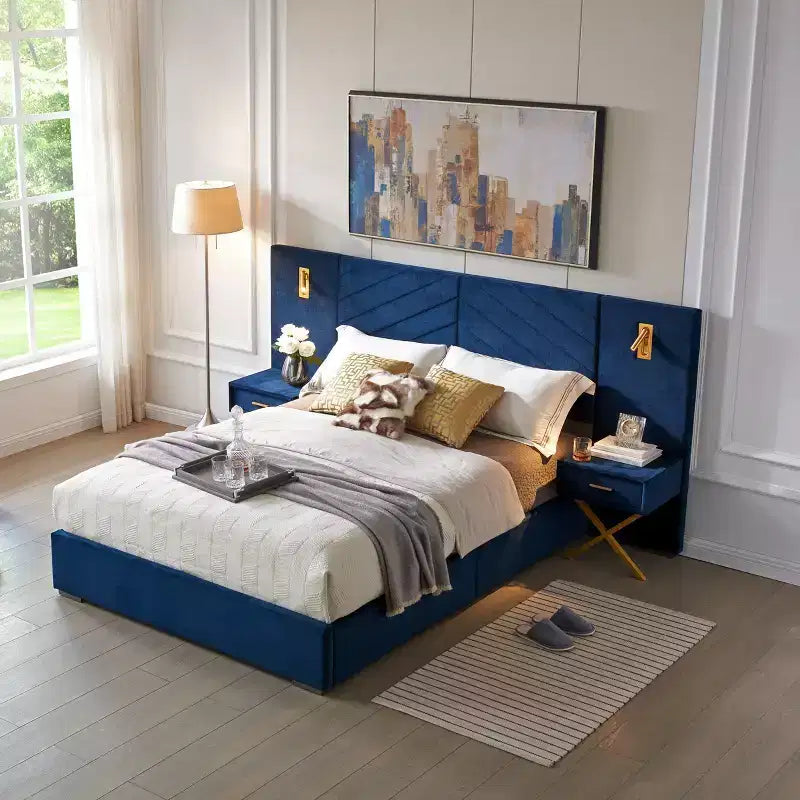 GDFStudio Noxon Modern Velvet Upholstered Bed Frame with Wingback Headboard, LED Lights, and 2 Floating Bedside Tables