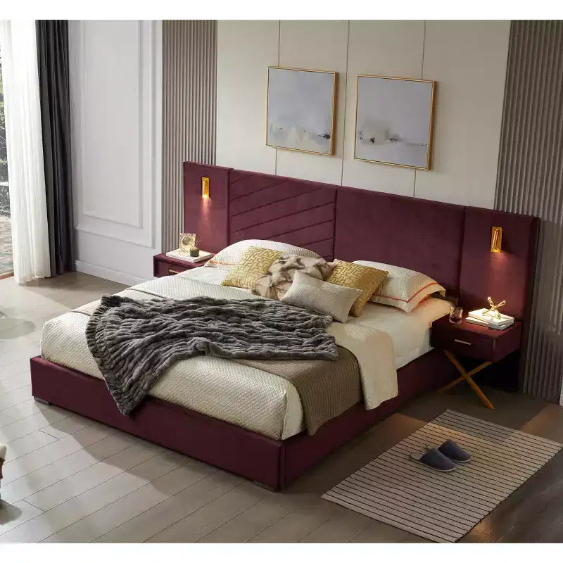 GDFStudio Noxon - Cadre de lit moderne en velours avec tête de lit capitonnée, lumières LED et 2 tables de chevet flottantes
