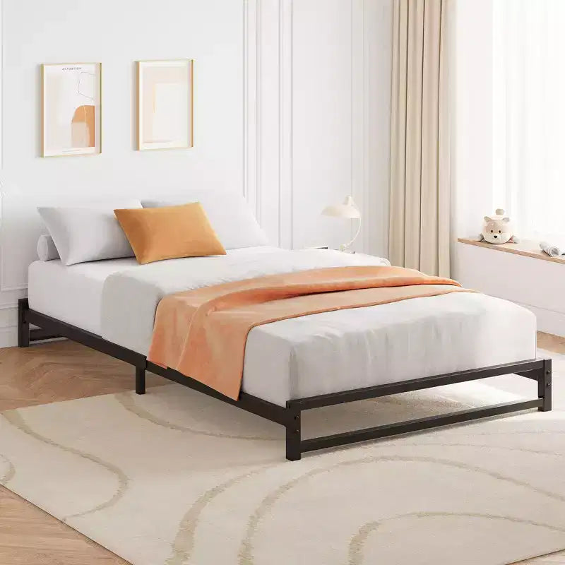 Cadre de lit plateforme en métal avec barres de support en acier robustes et base de matelas, design minimaliste, facile à assembler, aucun sommier tapissier requis, noir
