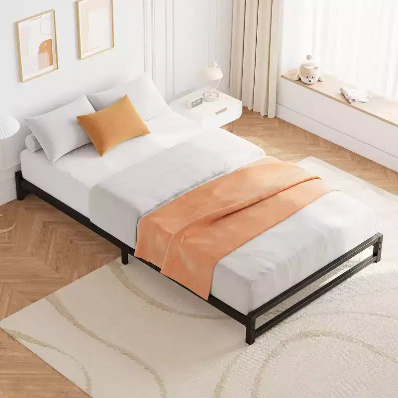 Cadre de lit plateforme en métal avec barres de support en acier robustes et base de matelas, design minimaliste, facile à assembler, aucun sommier tapissier requis, noir