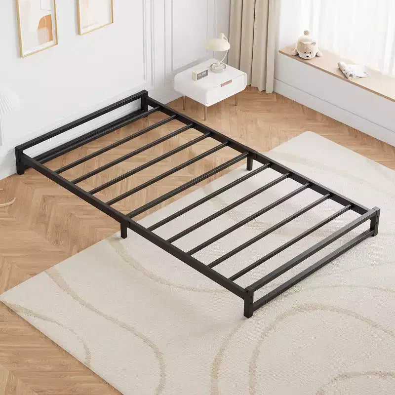 Cadre de lit plateforme en métal avec barres de support en acier robustes et base de matelas, design minimaliste, facile à assembler, aucun sommier tapissier requis, noir