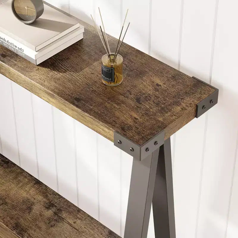 Table console de ferme COZONY avec étagère de rangement à 2 niveaux, table d'entrée/couloir rustique en bois et métal avec étagère inférieure pour canapé