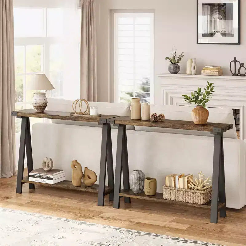 Table console de ferme COZONY avec étagère de rangement à 2 niveaux, table d'entrée/couloir rustique en bois et métal avec étagère inférieure pour canapé