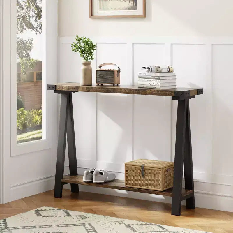 Table console de ferme COZONY avec étagère de rangement à 2 niveaux, table d'entrée/couloir rustique en bois et métal avec étagère inférieure pour canapé