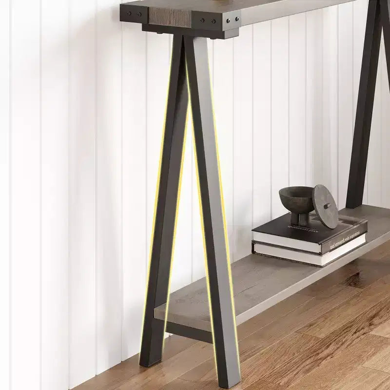 Table console de ferme COZONY avec étagère de rangement à 2 niveaux, table d'entrée/couloir rustique en bois et métal avec étagère inférieure pour canapé