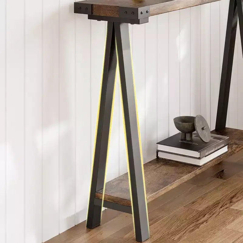 Table console de ferme COZONY avec étagère de rangement à 2 niveaux, table d'entrée/couloir rustique en bois et métal avec étagère inférieure pour canapé