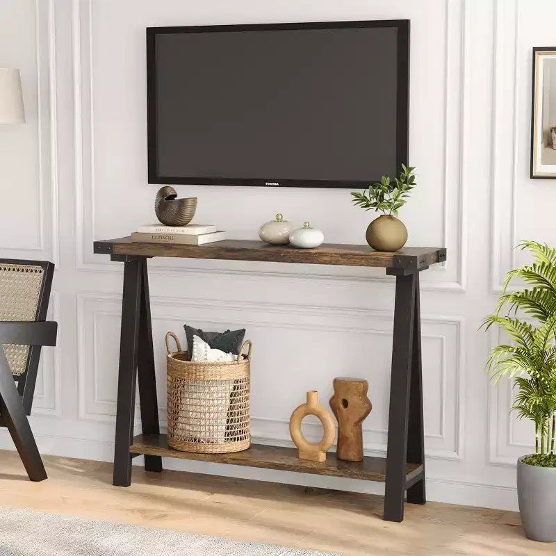 Table console de ferme COZONY avec étagère de rangement à 2 niveaux, table d'entrée/couloir rustique en bois et métal avec étagère inférieure pour canapé