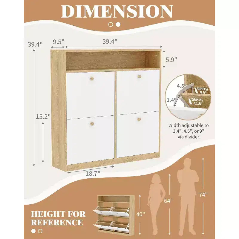 Meuble à chaussures étroit Garvee avec 4 tiroirs basculants et étagère ouverte, organisateur de chaussures autoportant en bois avec étagères pour pantoufles, baskets, talons, bottes