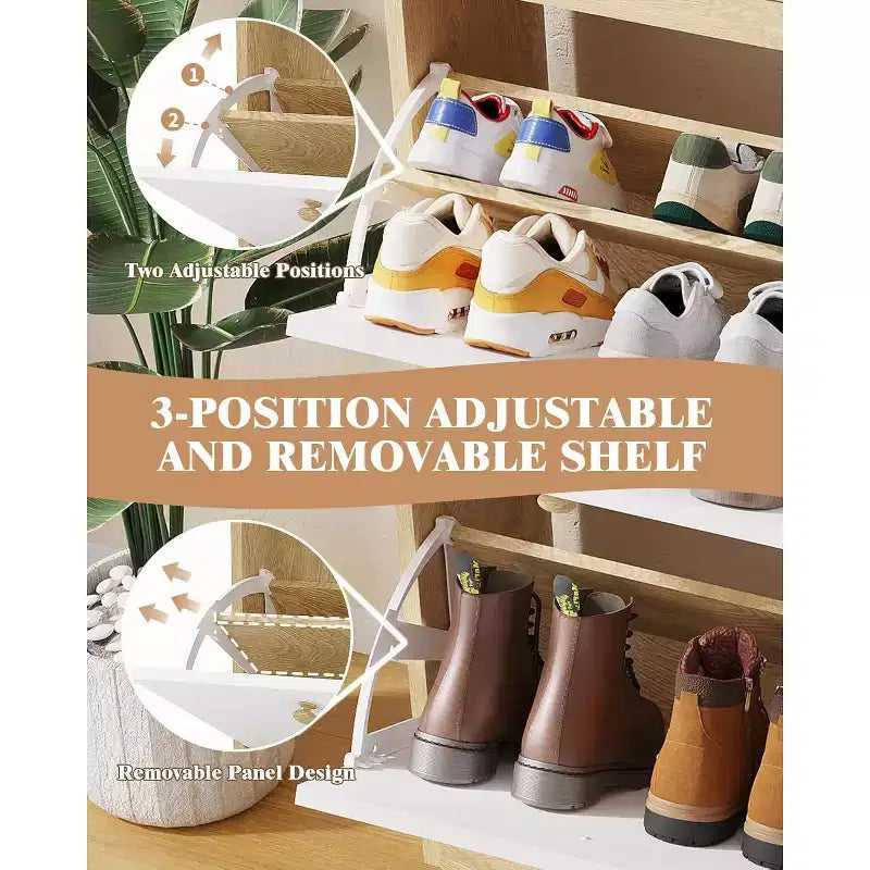 Meuble à chaussures étroit Garvee avec 4 tiroirs basculants et étagère ouverte, organisateur de chaussures autoportant en bois avec étagères pour pantoufles, baskets, talons, bottes