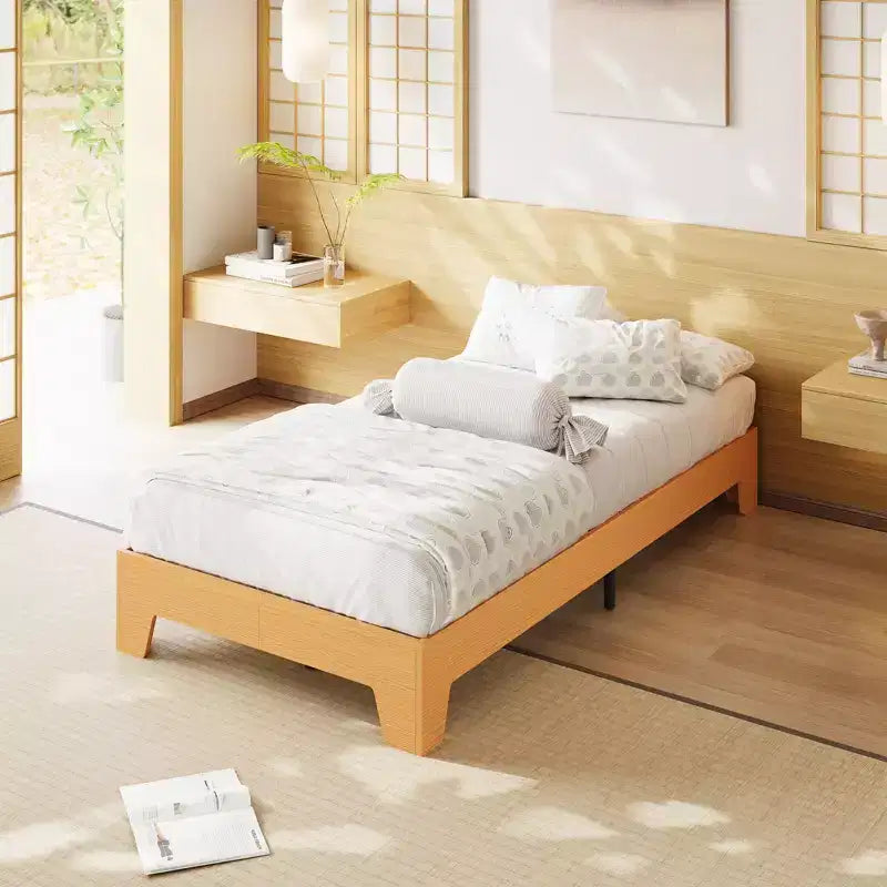 Cadre de lit en bois, lit plateforme, soutenu par 4 lattes en bois robustes et 8 lattes métalliques, sans tête de lit, pas besoin de matelas, facile à assembler.
