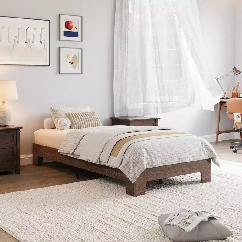 Cadre de lit en bois, lit plateforme, soutenu par 4 lattes en bois robustes et 8 lattes métalliques, sans tête de lit, pas besoin de matelas, facile à assembler.