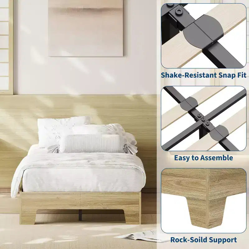 Cadre de lit en bois, lit plateforme, soutenu par 4 lattes en bois robustes et 8 lattes métalliques, sans tête de lit, pas besoin de matelas, facile à assembler.