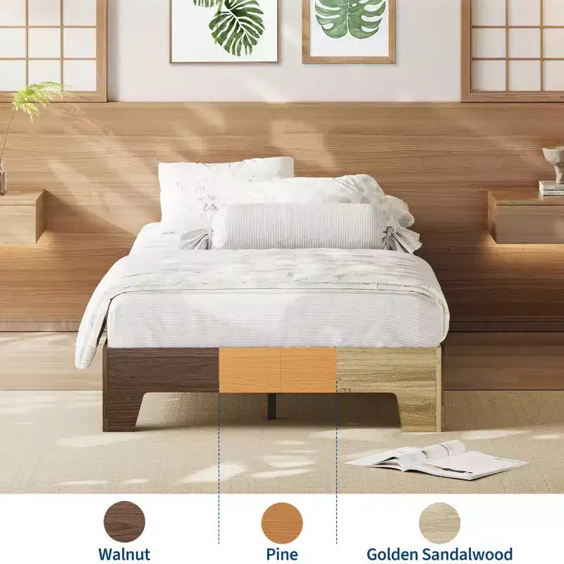 Cadre de lit en bois, lit plateforme, soutenu par 4 lattes en bois robustes et 8 lattes métalliques, sans tête de lit, pas besoin de matelas, facile à assembler.