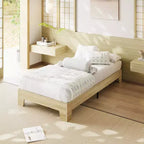 Wooden bed frame, platform bed frame, supported by 4 sturdy wooden slats and 8 metal slats, no headboard, no mattress required, easy to assemble.