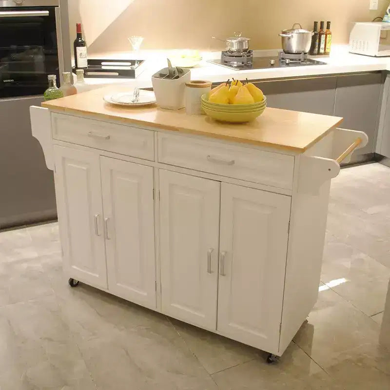 Îlot de cuisine mobile Okak avec plateau en bois d'hévéa, chariot de cuisine avec étagère intérieure réglable et tiroirs spacieux, îlot de cuisine roulant, blanc
