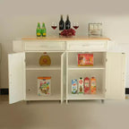 Îlot de cuisine mobile Okak avec plateau en bois d'hévéa, chariot de cuisine avec étagère intérieure réglable et tiroirs spacieux, îlot de cuisine roulant, blanc