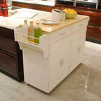 Îlot de cuisine mobile Okak avec plateau en bois d'hévéa, chariot de cuisine avec étagère intérieure réglable et tiroirs spacieux, îlot de cuisine roulant, blanc