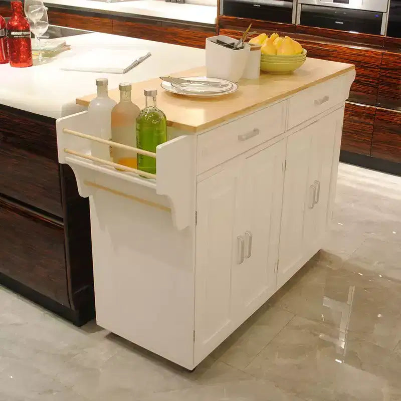Îlot de cuisine mobile Okak avec plateau en bois d'hévéa, chariot de cuisine avec étagère intérieure réglable et tiroirs spacieux, îlot de cuisine roulant, blanc