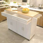 Îlot de cuisine mobile Okak avec plateau en bois d'hévéa, chariot de cuisine avec étagère intérieure réglable et tiroirs spacieux, îlot de cuisine roulant, blanc