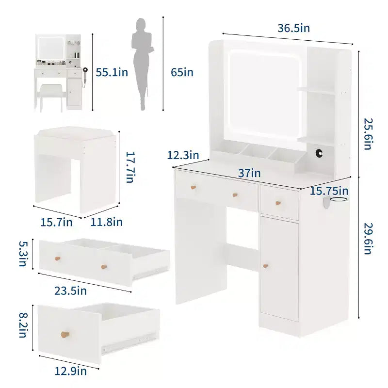 Coiffeuse COZONY avec lumières et miroir, coiffeuse avec station de recharge, support pour sèche-cheveux, tiroirs et étagères de rangement, tabouret rembourré