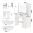 Coiffeuse COZONY avec lumières et miroir, coiffeuse avec station de recharge, support pour sèche-cheveux, tiroirs et étagères de rangement, tabouret rembourré