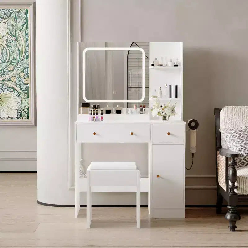 Coiffeuse COZONY avec lumières et miroir, coiffeuse avec station de recharge, support pour sèche-cheveux, tiroirs et étagères de rangement, tabouret rembourré