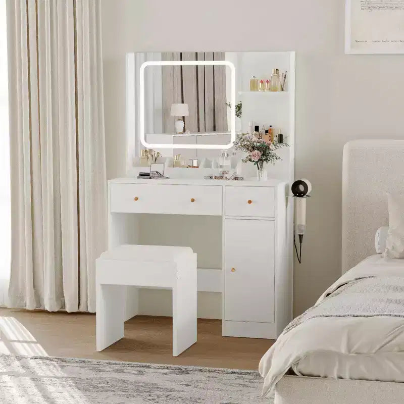 Coiffeuse COZONY avec lumières et miroir, coiffeuse avec station de recharge, support pour sèche-cheveux, tiroirs et étagères de rangement, tabouret rembourré