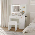 Coiffeuse COZONY avec lumières et miroir, coiffeuse avec station de recharge, support pour sèche-cheveux, tiroirs et étagères de rangement, tabouret rembourré