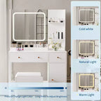 Coiffeuse COZONY avec lumières et miroir, coiffeuse avec station de recharge, support pour sèche-cheveux, tiroirs et étagères de rangement, tabouret rembourré