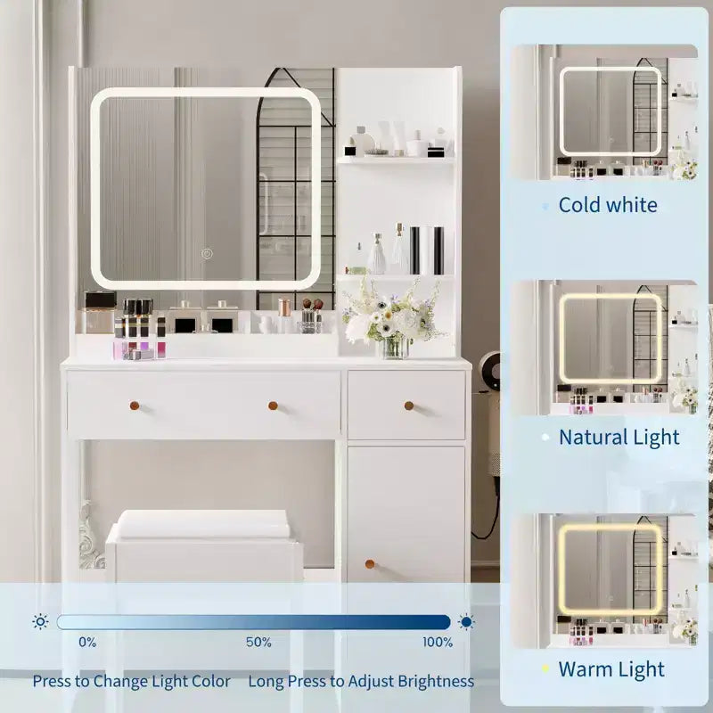 Coiffeuse COZONY avec lumières et miroir, coiffeuse avec station de recharge, support pour sèche-cheveux, tiroirs et étagères de rangement, tabouret rembourré