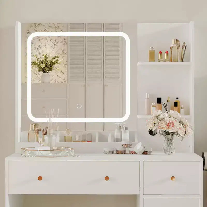 Coiffeuse COZONY avec lumières et miroir, coiffeuse avec station de recharge, support pour sèche-cheveux, tiroirs et étagères de rangement, tabouret rembourré