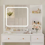 Coiffeuse COZONY avec lumières et miroir, coiffeuse avec station de recharge, support pour sèche-cheveux, tiroirs et étagères de rangement, tabouret rembourré