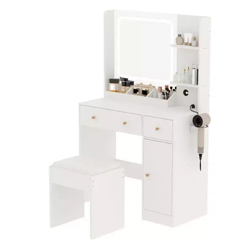 Coiffeuse COZONY avec lumières et miroir, coiffeuse avec station de recharge, support pour sèche-cheveux, tiroirs et étagères de rangement, tabouret rembourré