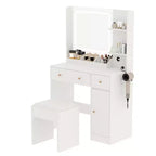 Coiffeuse COZONY avec lumières et miroir, coiffeuse avec station de recharge, support pour sèche-cheveux, tiroirs et étagères de rangement, tabouret rembourré