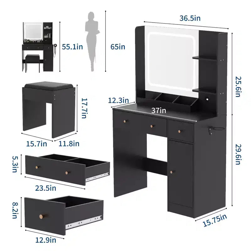 Coiffeuse COZONY avec lumières et miroir, coiffeuse avec station de recharge, support pour sèche-cheveux, tiroirs et étagères de rangement, tabouret rembourré