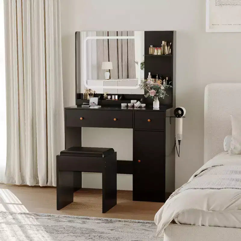 Coiffeuse COZONY avec lumières et miroir, coiffeuse avec station de recharge, support pour sèche-cheveux, tiroirs et étagères de rangement, tabouret rembourré