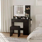 Coiffeuse COZONY avec lumières et miroir, coiffeuse avec station de recharge, support pour sèche-cheveux, tiroirs et étagères de rangement, tabouret rembourré