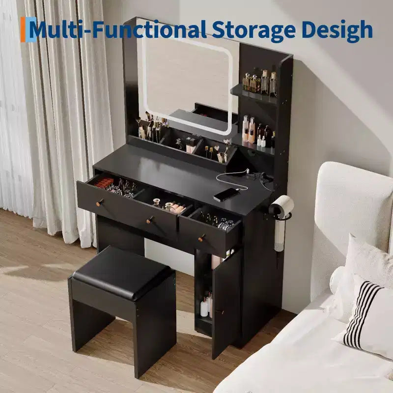 Coiffeuse COZONY avec lumières et miroir, coiffeuse avec station de recharge, support pour sèche-cheveux, tiroirs et étagères de rangement, tabouret rembourré